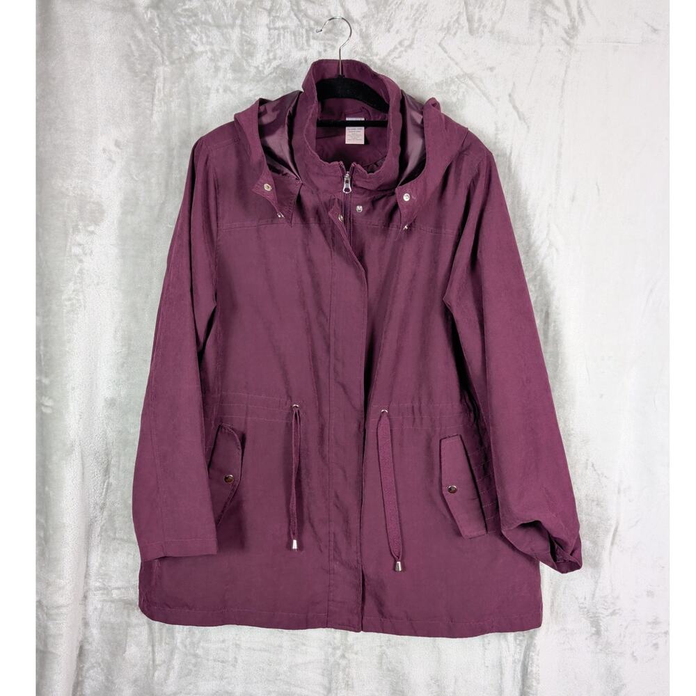 Utility Jacket Women's Hood, Pockets, Lightweight, Burgundy Size 1X